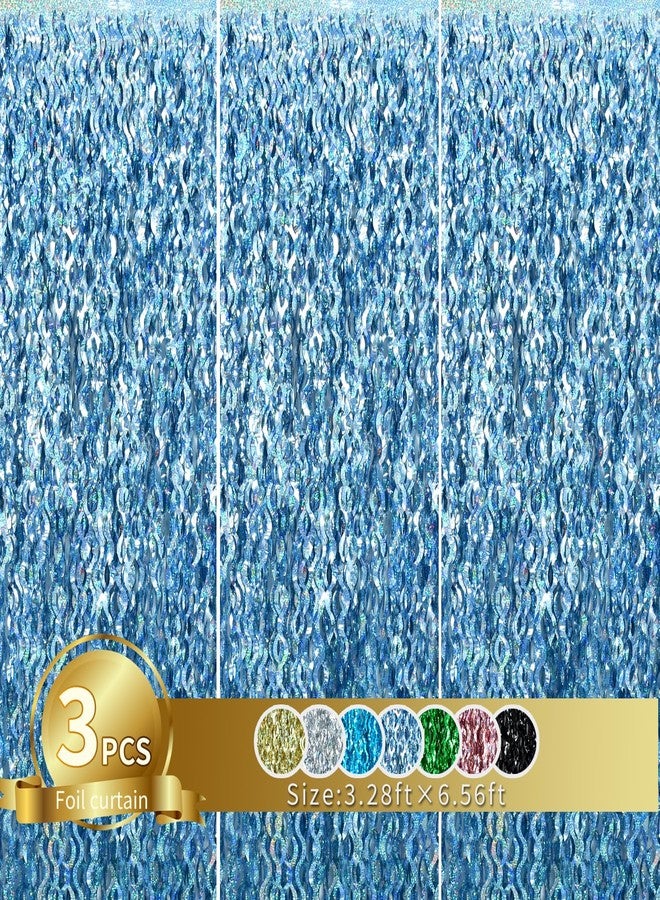 TONIFUL 3Pcs Wavy Metallic Tinsel Foil Fringe Curtains Light Blue Streamer Backdrop for Photo Booth Props,Party Door Wall Curtains,Bachelorette,Underwater World Birthday Party Decor (9.9ft x 6.6ft) - Image 1