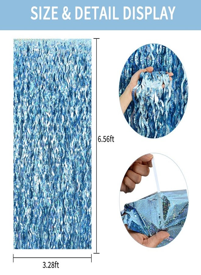 TONIFUL 3Pcs Wavy Metallic Tinsel Foil Fringe Curtains Light Blue Streamer Backdrop for Photo Booth Props,Party Door Wall Curtains,Bachelorette,Underwater World Birthday Party Decor (9.9ft x 6.6ft) - Image 2
