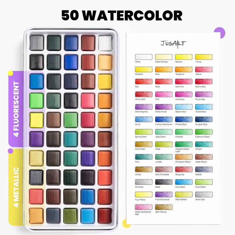 JusArt 50 Colors Watercolor Paint Set,Art Supplies with Metallic Color, Detail Painting Brushes, Water Brush Pens, Portable Travel Watercolor Painting Set for Adult, Artists, Professionals - Image 2