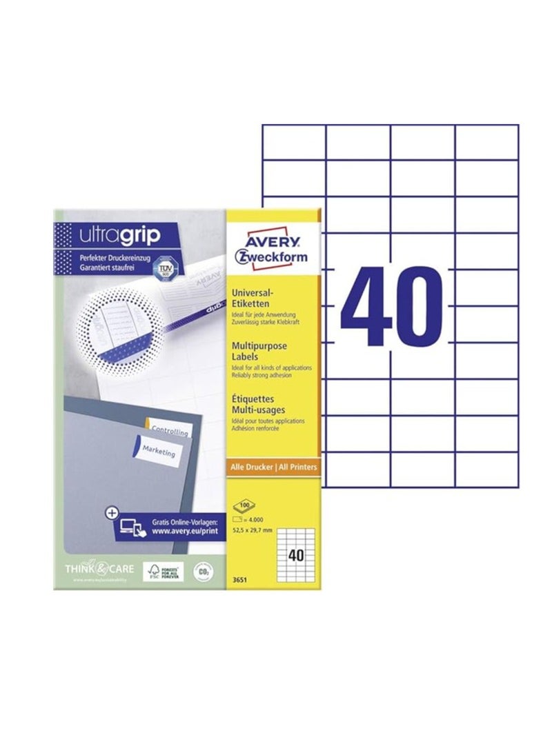Avery Zweckform 3651 Universal Labels 52.5 x 29.7 mm 100 Sheets White - Image 1