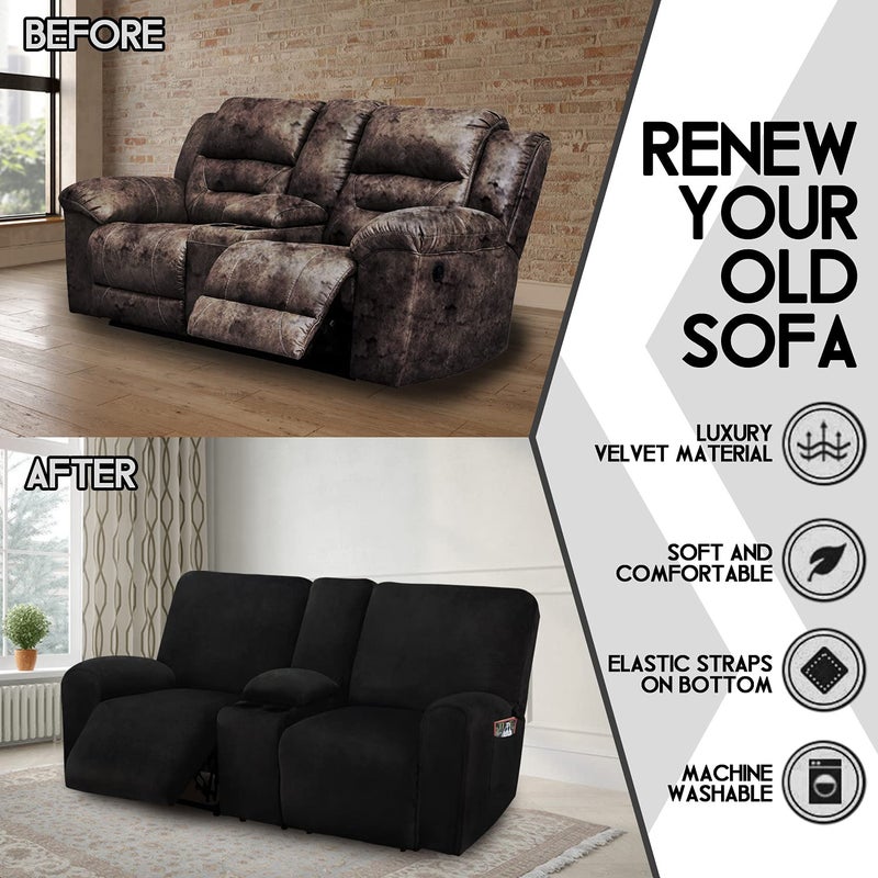 ULTICOR Reclining Loveseat with Middle Console Slipcover, 8-Piece Velvet Stretch Loveseat Reclining Sofa Covers, 2 Thick, Soft, Washable, Covers ONLY (Black) - Image 3
