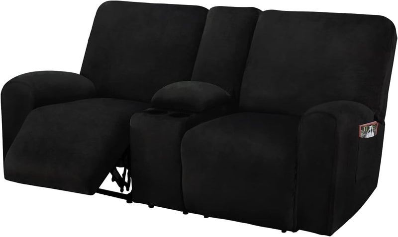 ULTICOR Reclining Loveseat with Middle Console Slipcover, 8-Piece Velvet Stretch Loveseat Reclining Sofa Covers, 2 Thick, Soft, Washable, Covers ONLY (Black) - Image 1