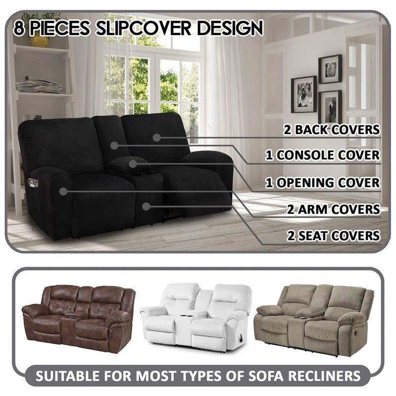ULTICOR Reclining Loveseat with Middle Console Slipcover, 8-Piece Velvet Stretch Loveseat Reclining Sofa Covers, 2 Thick, Soft, Washable, Covers ONLY (Black) - Image 2