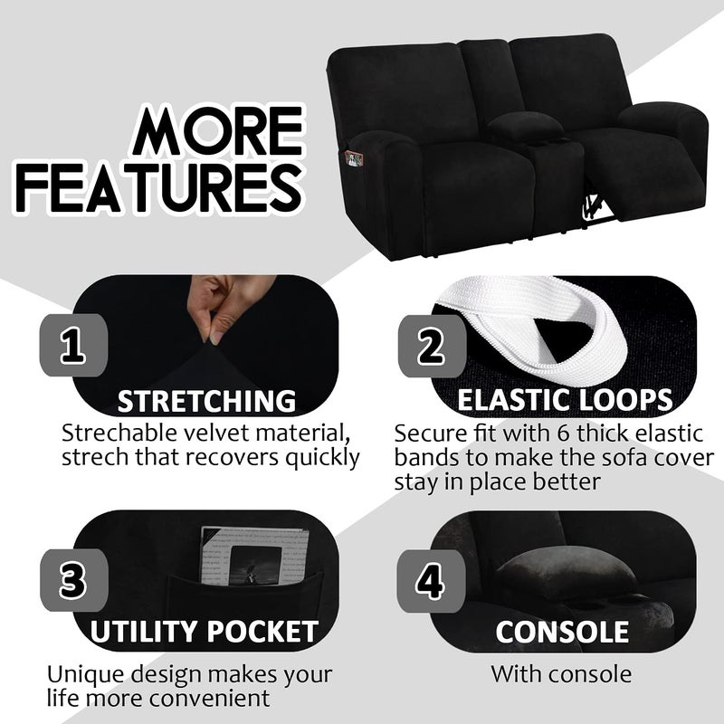 ULTICOR Reclining Loveseat with Middle Console Slipcover, 8-Piece Velvet Stretch Loveseat Reclining Sofa Covers, 2 Thick, Soft, Washable, Covers ONLY (Black) - Image 4