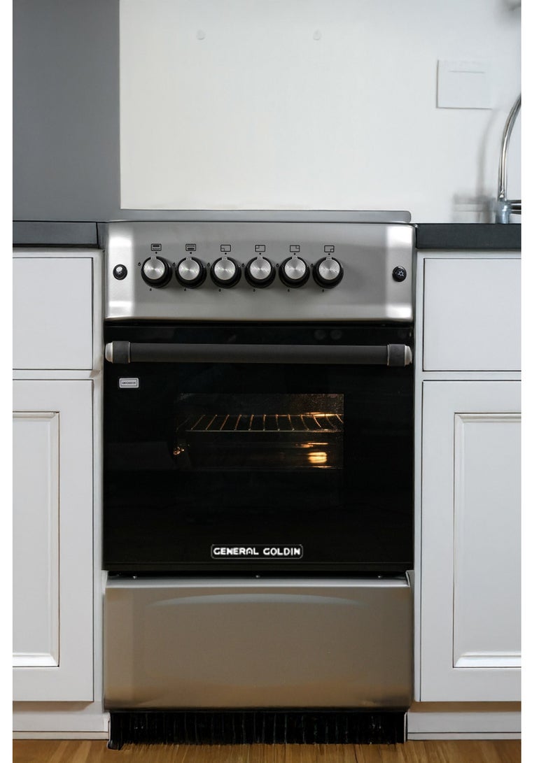 General Goldin 50x55cm Gas Cooker, 4 Burners Wide Pan Support, Auto Burn, Total Safety, Easy To Clean Surface, Oven Grill with Up & Down Heating, - Image 1