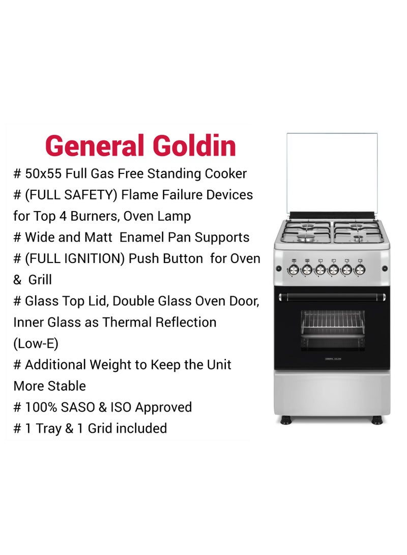 جنرال جولدن طباخ غاز 50×55 سم، 4 شعلات، دعامة مقلاة عريض، احتراق تلقائي، أمان تام، سطح سهل التنظيف، شواية فرن مع تسخين لأعلى ولأسفل، - Image 5