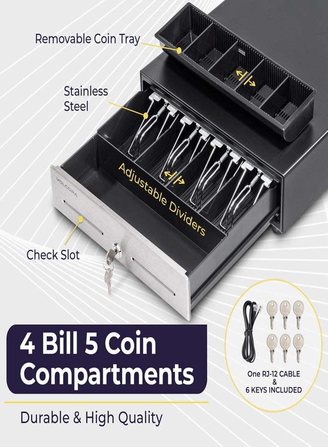 Volcora 13" Cash Register Drawer for Point of Sale (POS) System, 4 Bill 6 Coin Cash Tray, Black and Stainless Steel Front Cash Drawers, Removable Coin Compartment, 24V, RJ11/RJ12 Key-Lock, Media Slot - Image 3