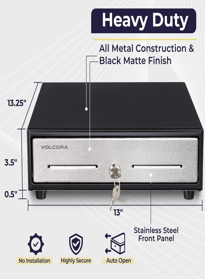Volcora 13" Cash Register Drawer for Point of Sale (POS) System, 4 Bill 6 Coin Cash Tray, Black and Stainless Steel Front Cash Drawers, Removable Coin Compartment, 24V, RJ11/RJ12 Key-Lock, Media Slot - Image 2