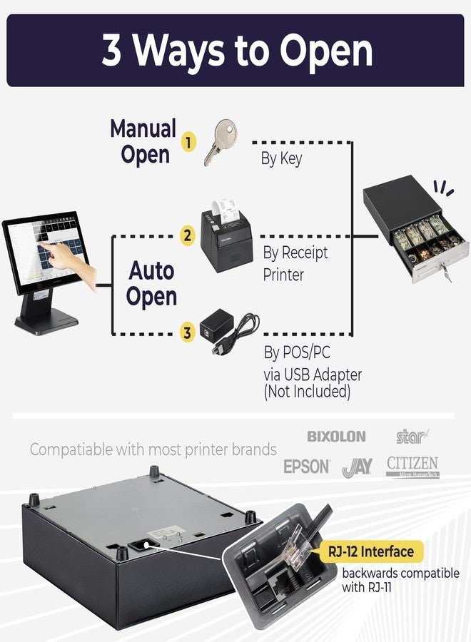 Volcora 13" Cash Register Drawer for Point of Sale (POS) System, 4 Bill 6 Coin Cash Tray, Black and Stainless Steel Front Cash Drawers, Removable Coin Compartment, 24V, RJ11/RJ12 Key-Lock, Media Slot - Image 5