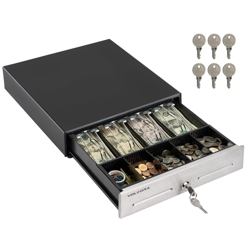Volcora 13" Cash Register Drawer for Point of Sale (POS) System, 4 Bill 6 Coin Cash Tray, Black and Stainless Steel Front Cash Drawers, Removable Coin Compartment, 24V, RJ11/RJ12 Key-Lock, Media Slot - Image 1