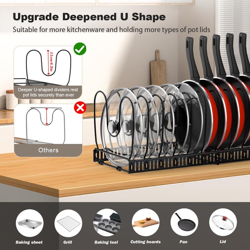 Housolution 2 Pack Pot and Pan Organizer Rack, 12"-23" Expandable Pot Lid Organizer with 14 Adjustable Dividers, Pan Holder Storage Rack for Kitchen Cabinet, Black - Image 2