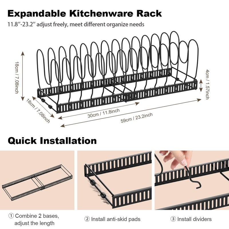 Housolution 2 Pack Pot and Pan Organizer Rack, 12"-23" Expandable Pot Lid Organizer with 14 Adjustable Dividers, Pan Holder Storage Rack for Kitchen Cabinet, Black - Image 5