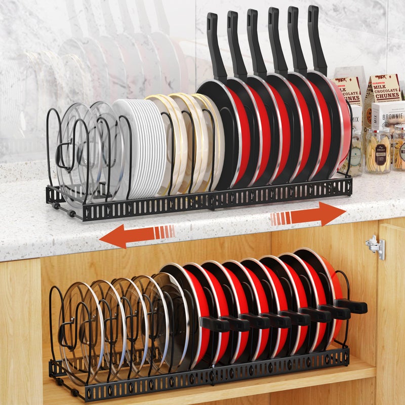 Housolution 2 Pack Pot and Pan Organizer Rack, 12"-23" Expandable Pot Lid Organizer with 14 Adjustable Dividers, Pan Holder Storage Rack for Kitchen Cabinet, Black - Image 1