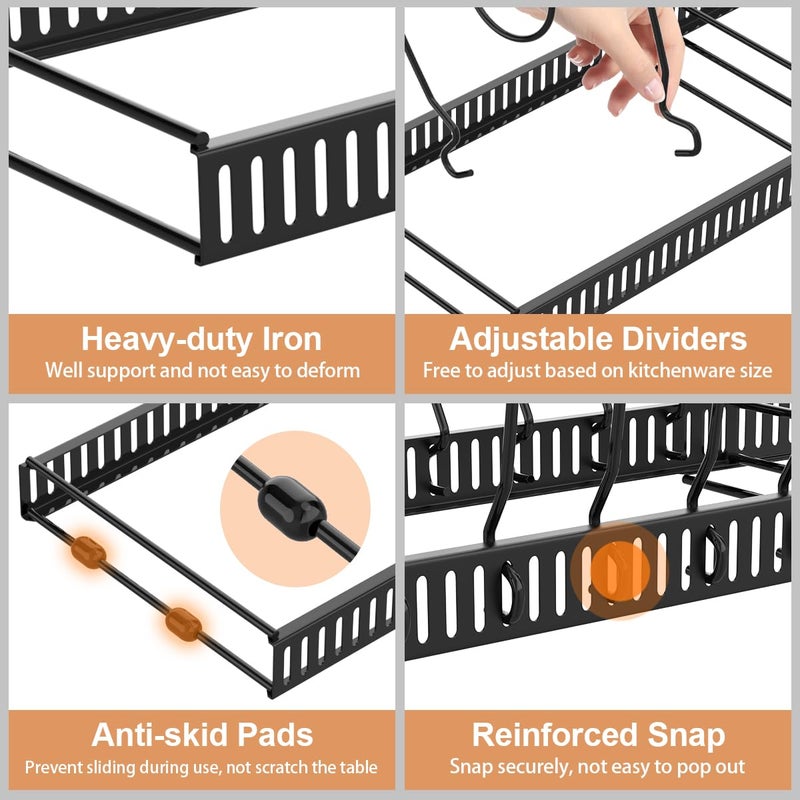 Housolution 2 Pack Pot and Pan Organizer Rack, 12"-23" Expandable Pot Lid Organizer with 14 Adjustable Dividers, Pan Holder Storage Rack for Kitchen Cabinet, Black - Image 3