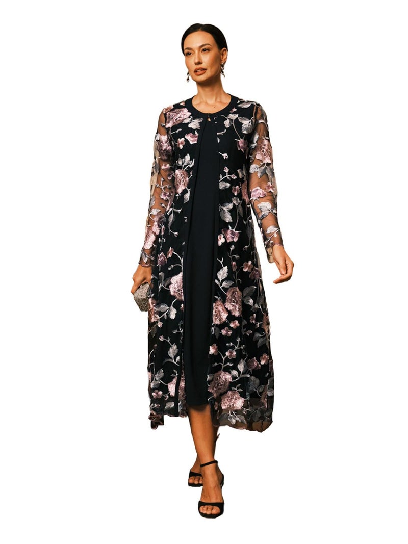 ORAULISA Women's Maxi Dresses 2 Piece Outfit Wedding Guest Cocktail Tea Party Dress Ruffle Lace Floral Casual Formal Evening Dress Black - Image 1