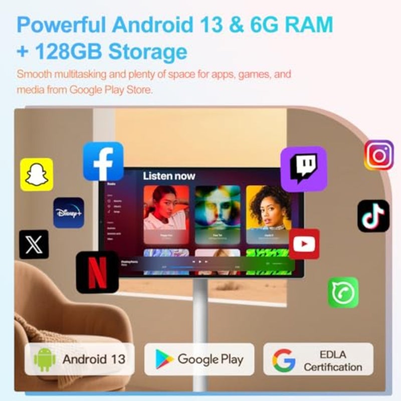 Portable 21.5-inch smart TV for home office use, aluminum alloy body, matte black finish, rotatable touchscreen with 6-hour battery life - Image 3