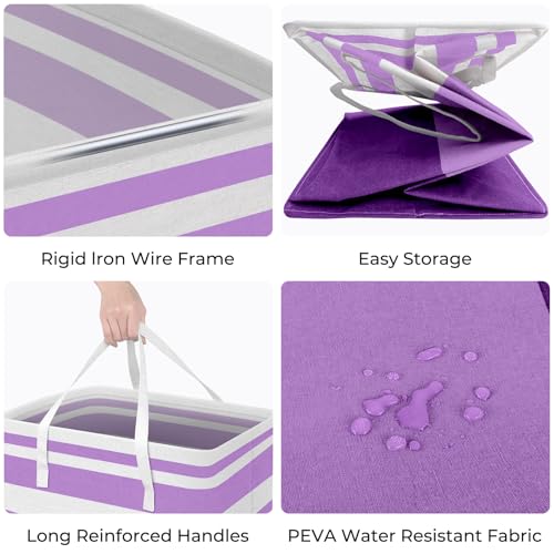 HomeHacks 2 Pack Large Laundry Baskets, Waterproof, Freestanding Laundry Hampers, Collapsible Clothes Hamper with Reinforced Handles in Laundry, College Dorm, Bathroom, Bedroom (Purple, 75Lx2) - Image 2