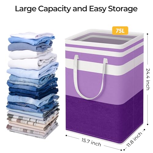 HomeHacks 2 Pack Large Laundry Baskets, Waterproof, Freestanding Laundry Hampers, Collapsible Clothes Hamper with Reinforced Handles in Laundry, College Dorm, Bathroom, Bedroom (Purple, 75Lx2) - Image 4