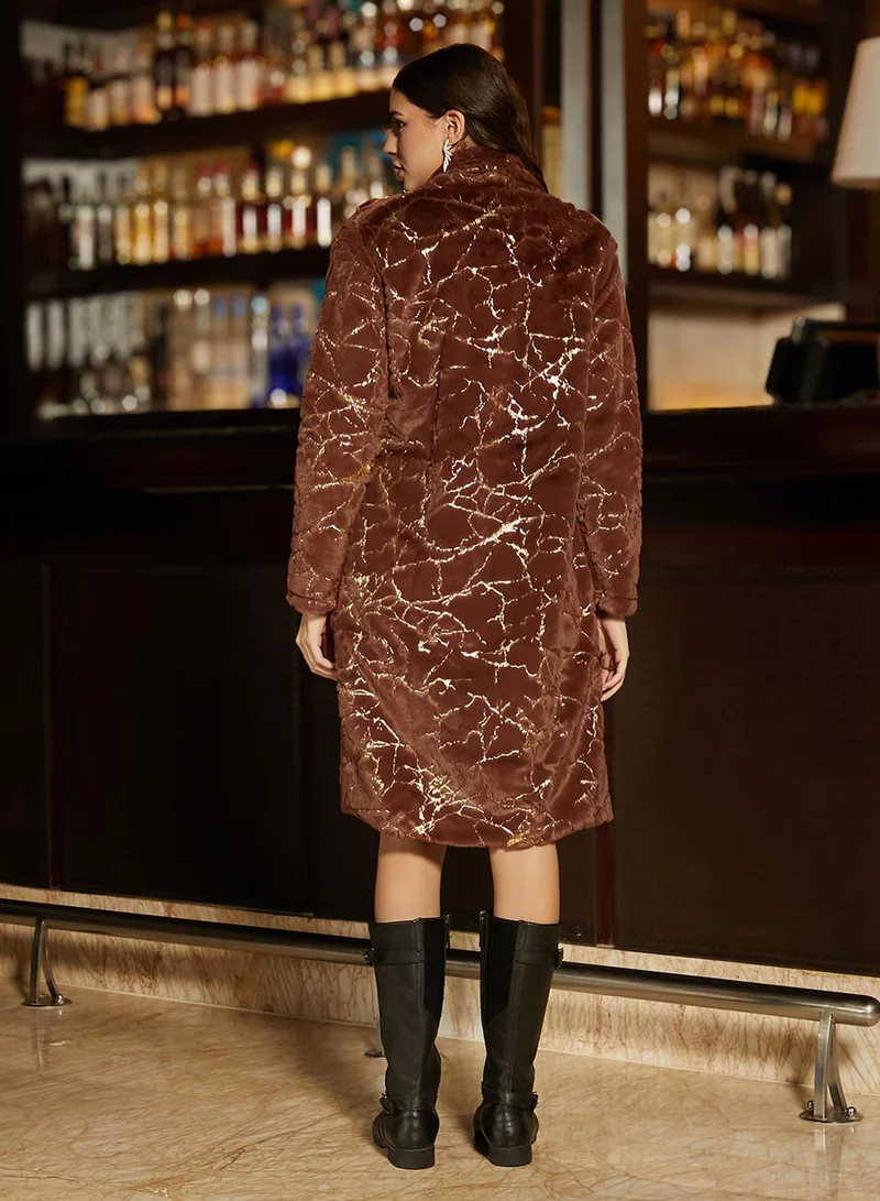 Campus Sutra Women's Chocolate Brown Metallic-Veined Fur Long Coat