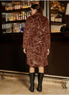 Campus Sutra Women's Chocolate Brown Metallic-Veined Fur Long Coat  - Image 5