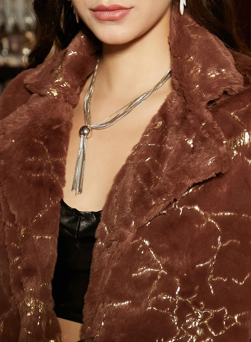 Campus Sutra Women's Chocolate Brown Metallic-Veined Fur Long Coat