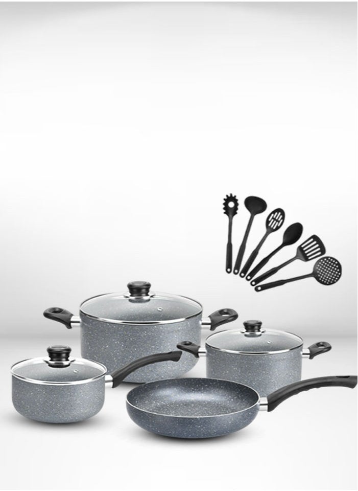 Cady One Granite pots and pans set with non-stick surfaces, heat-insulated handles and reinforced stainless steel lids, 13 pieces 