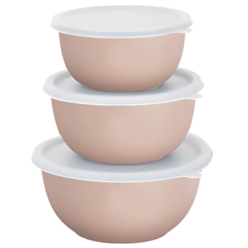 Zaib Stainless Steel Microwave Safe Euro Mixing Bowl Set with Lid | Pack of 3 (14cm,16cm,18cm) | 500ml, 750ml, 1250ml | Freezer Safe (WL Sand Brown) - Image 2