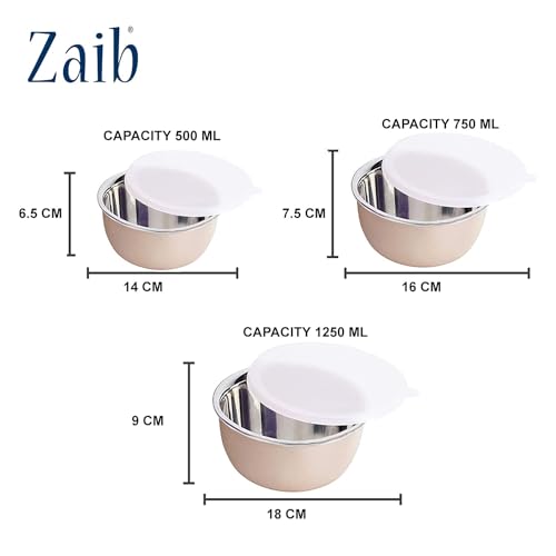 Zaib Stainless Steel Microwave Safe Euro Mixing Bowl Set with Lid | Pack of 3 (14cm,16cm,18cm) | 500ml, 750ml, 1250ml | Freezer Safe (WL Sand Brown) - Image 4