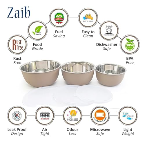 Zaib Stainless Steel Microwave Safe Euro Mixing Bowl Set with Lid | Pack of 3 (14cm,16cm,18cm) | 500ml, 750ml, 1250ml | Freezer Safe (WL Sand Brown) - Image 3