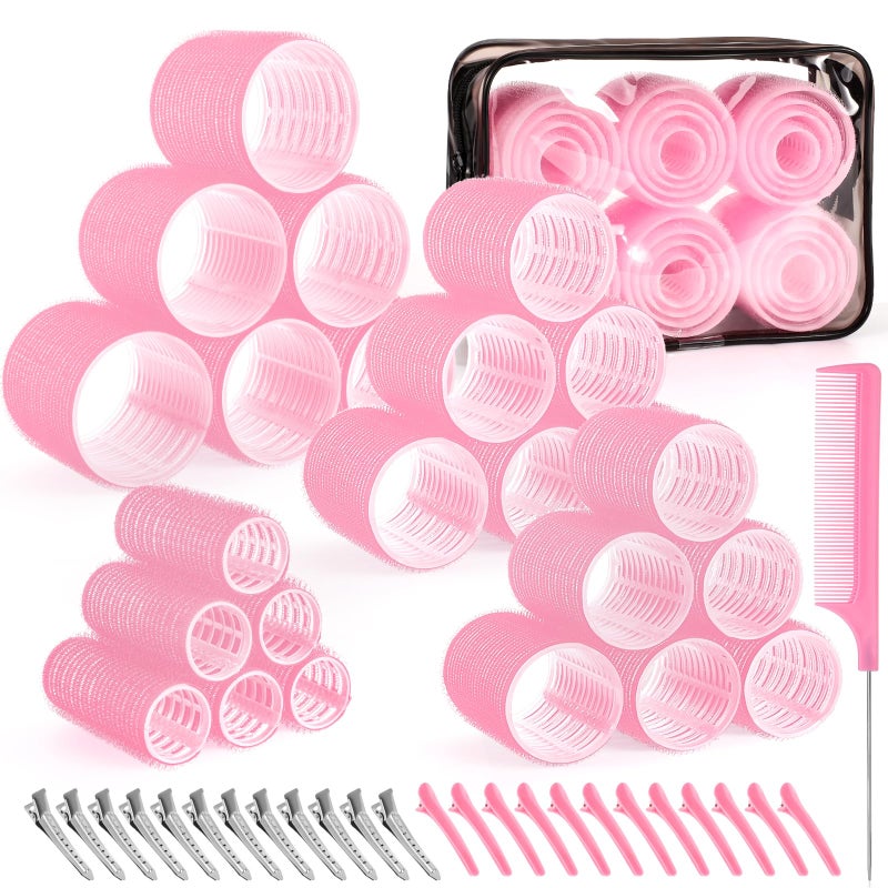 obeoby 4 Sizes Self-Grip Hair Rollers Set for Long, Short Hair and Bangs - 50 Pcs with Clips (25mm, 36mm, 48mm, 60mm), Pink - Image 1