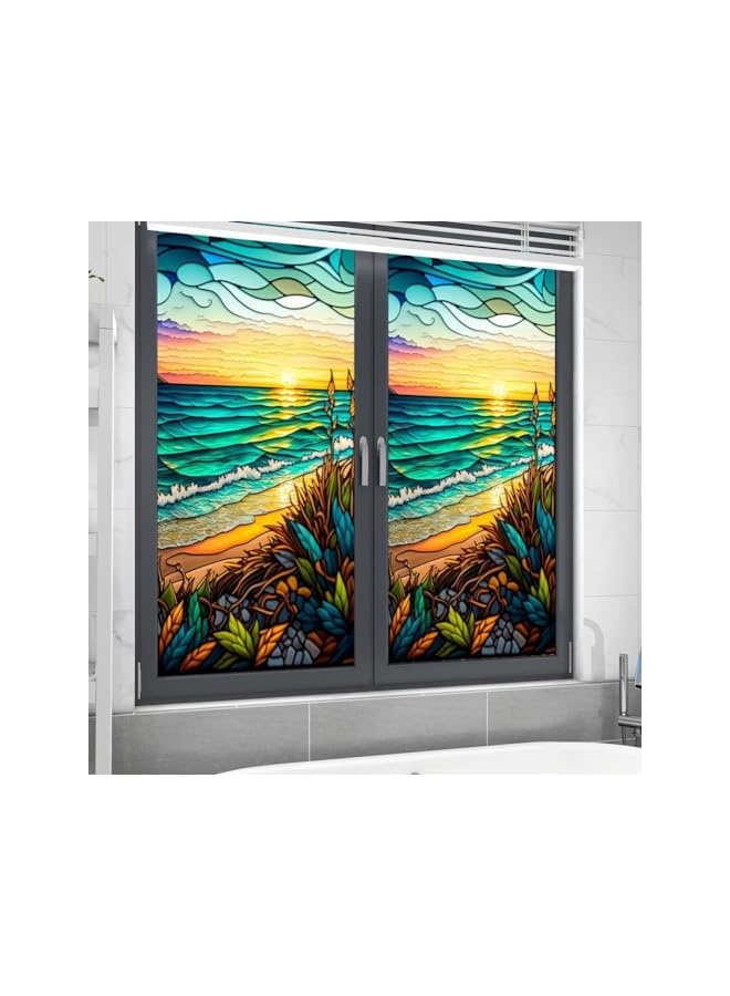 The Bros Window Film Privacy Film, PVC Stained Glass Window Film, Non-Adhesive Removable Colorful Seaside Sunset Window Sticker, Static Cling Window Glass Sticker for Room Decor, Bathroom (45 x 100CM) - Image 5