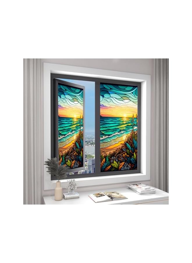 The Bros Window Film Privacy Film, PVC Stained Glass Window Film, Non-Adhesive Removable Colorful Seaside Sunset Window Sticker, Static Cling Window Glass Sticker for Room Decor, Bathroom (45 x 100CM) - Image 2