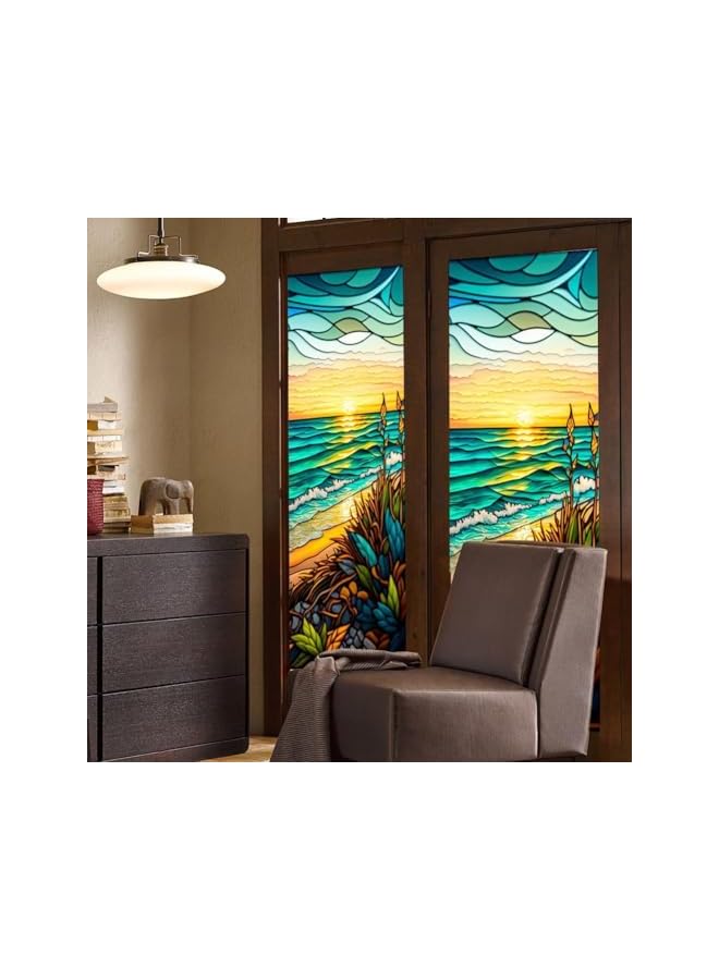 The Bros Window Film Privacy Film, PVC Stained Glass Window Film, Non-Adhesive Removable Colorful Seaside Sunset Window Sticker, Static Cling Window Glass Sticker for Room Decor, Bathroom (45 x 100CM) - Image 4