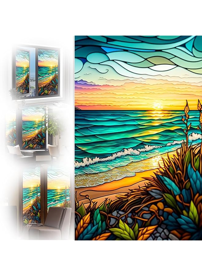 The Bros Window Film Privacy Film, PVC Stained Glass Window Film, Non-Adhesive Removable Colorful Seaside Sunset Window Sticker, Static Cling Window Glass Sticker for Room Decor, Bathroom (45 x 100CM) - Image 1
