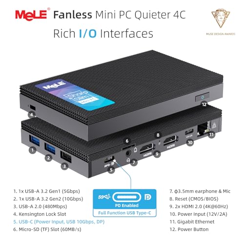 Mele كمبيوتر ميني MeLE هادئ 4C، N100 16GB RAM 512GB M.2 SSD، كمبيوترات ميني، ميكرو PC بدون مروحة مع USB-C كامل الوظائف، واي فاي 2.4G/5G، عرض ثلاثي بدقة 4K في المنزل، المكتب، التعليم، التصوير الفلكي - Image 2