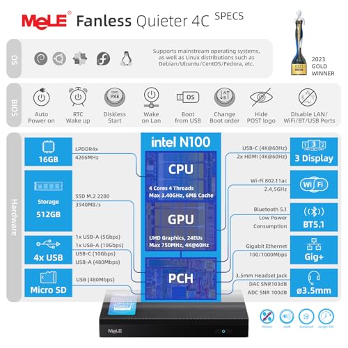 Mele كمبيوتر ميني MeLE هادئ 4C، N100 16GB RAM 512GB M.2 SSD، كمبيوترات ميني، ميكرو PC بدون مروحة مع USB-C كامل الوظائف، واي فاي 2.4G/5G، عرض ثلاثي بدقة 4K في المنزل، المكتب، التعليم، التصوير الفلكي - Image 3