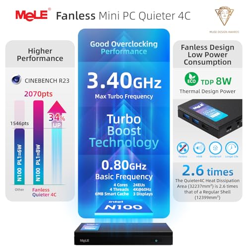 Mele كمبيوتر ميني MeLE هادئ 4C، N100 16GB RAM 512GB M.2 SSD، كمبيوترات ميني، ميكرو PC بدون مروحة مع USB-C كامل الوظائف، واي فاي 2.4G/5G، عرض ثلاثي بدقة 4K في المنزل، المكتب، التعليم، التصوير الفلكي - Image 4