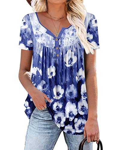 ROSELINLIN Womens Tops Purple Short Sleeve Summer Shirts V Neck Floral Pull Over Ladies Tops XL - Image 1