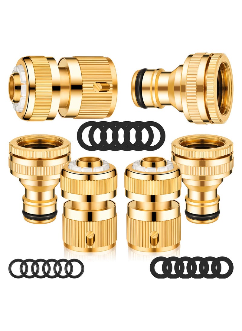 SANMUGEED 6 Pieces Brass Hose Tap Connectors 1/2 Inch and 3/4 Inch 2-in-1 Faucet Adapter 1/2 Inch Garden Hose Quick Connector with 18 Pieces Sealing Ring Shower Hose Washer for Garden Hose Pipe Tube - Image 1