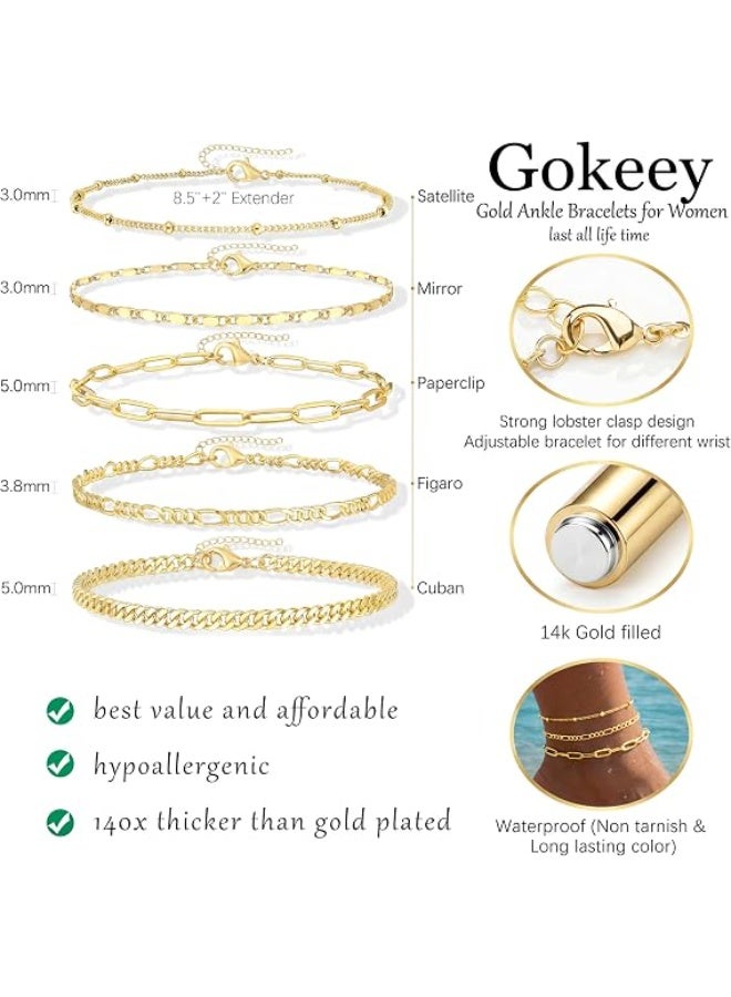 Gokeey اساور كاحل للنساء من جوكي، مجموعة مجوهرات ذهب عيار 14 قيراط مقاومة للماء بحلقات كوبية فيغارو متداخلة، خلخال ذهبي قابل للتعديل هدية للنساء - Image 1