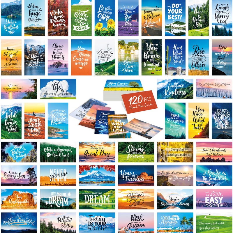 Gethelud 120 PCS Motivational Cards, 60 Designs Inspirational Cards with Beautiful Scenery, Encouragement Quote Affirmation Words for Students, Adults, Office/School Supplies (2â€ x 3.5â€) - Image 1