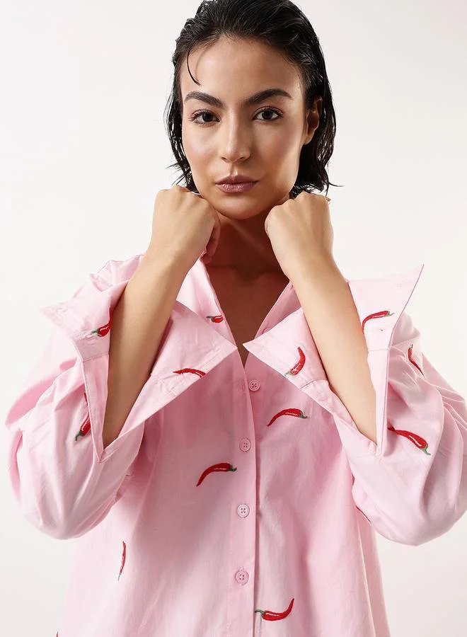 هوبرهولمي قميص نسائي وردي قطن % مطرز بأزرار مقاس كبير