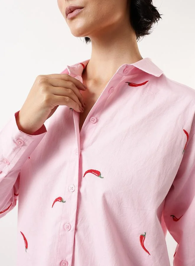 هوبرهولمي قميص نسائي وردي قطن % مطرز بأزرار مقاس كبير