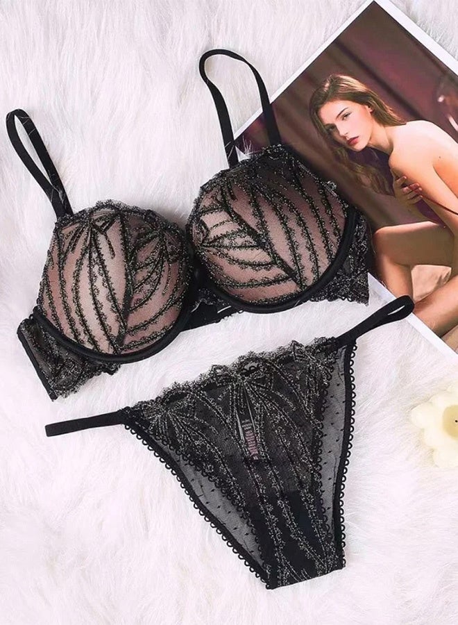 MARGOUN Women 34C / 75C Size Push Up Bra Set Soft Breathable Transparent Lace Panties Lingerie Suit Adjustable Women Underwear - Image 1