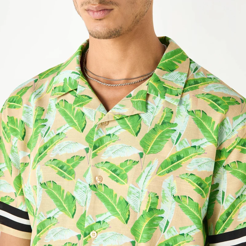 Splash FAV Relaxed Fit Leaf Print Shirt with Camp Collar
