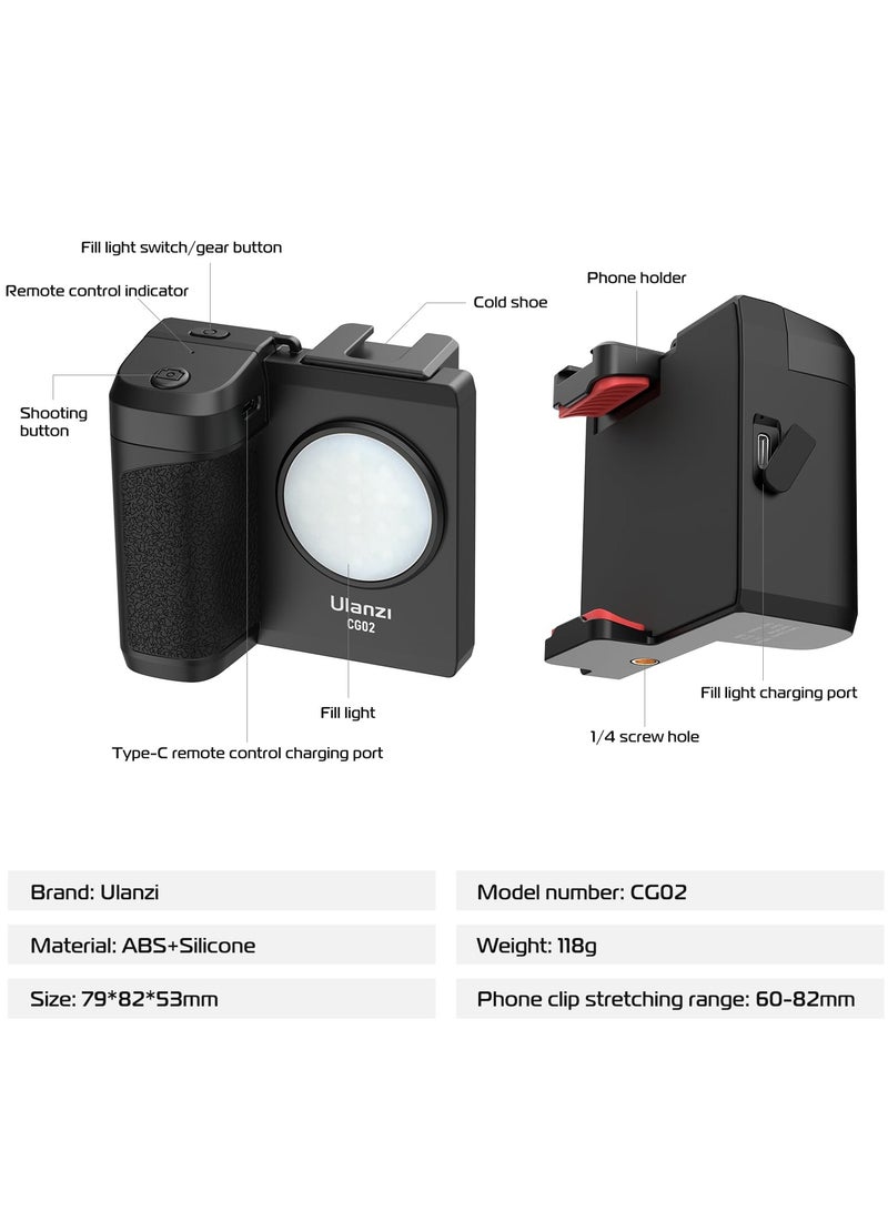 ULANZI CG02 Ungraded Smartphone Camera Shutter Handle Grip w Detachable Wireless Bluetooth Remote Control,Three-Gear Adjustable Fill Light for iPhone Samsung Google OnePlus Phones Video/Photo Shooting - Image 5