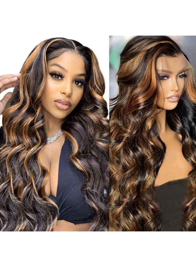 26 Inch Body Wave Lace Front Wig with Balayage Brown Highlights, Pre-Plucked Hairline - Image 1