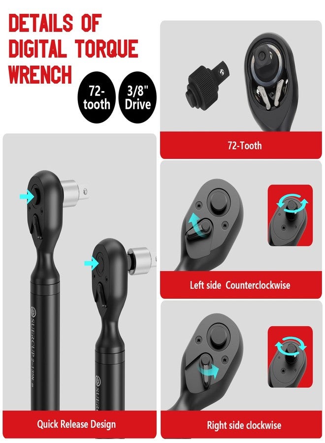SUERCUP 3/8-inch Digital Torque Wrench(1.5-99.6Ft.Lb/2-135Nm) ±1% Accuracy Digital Torque Wrench with Vibration, Buzzer,LED Notification and Four Units of Measure, for Motorcycle, Auto Repair - Image 5