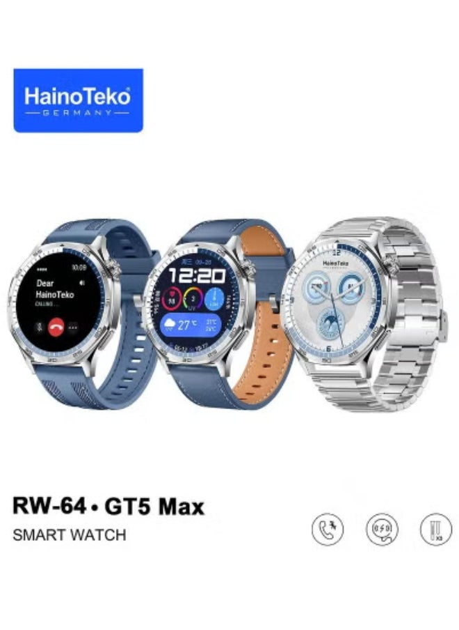 Haino Teko RW-64 GT5 Max Smartwatch for Men – Large AMOLED Display with Vibrant Colors and Clear Visibility – Built-in Voice Assistant for Hands-Free Control – Includes 3 Pair Straps for Style Versatility – Sleek Blue Design with Advanced Fitness Tracking and Smart Notifications  - Image 1