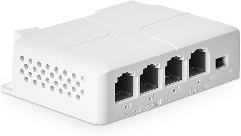 موسع 4 منافذ PoE مع 1 مدخل PoE و3 مخارج PoE، مكرر PoE IEEE 802.3 af/at بقدرة 30 واط مع سرعة 10/100 ميجابت في الثانية، مفتاح PoE تمريري للتركيب على الحائط وسكة DIN - Image 1